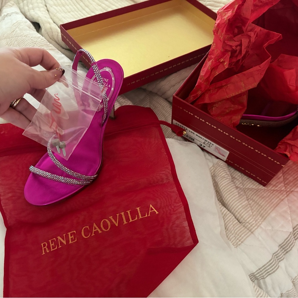 Rene Caovilla Hot Pink Satin Crystal-Embellished Strappy Heels - Picture 2 of 5